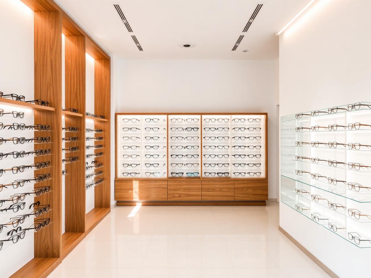 Interno dello showroom con espositori di montature